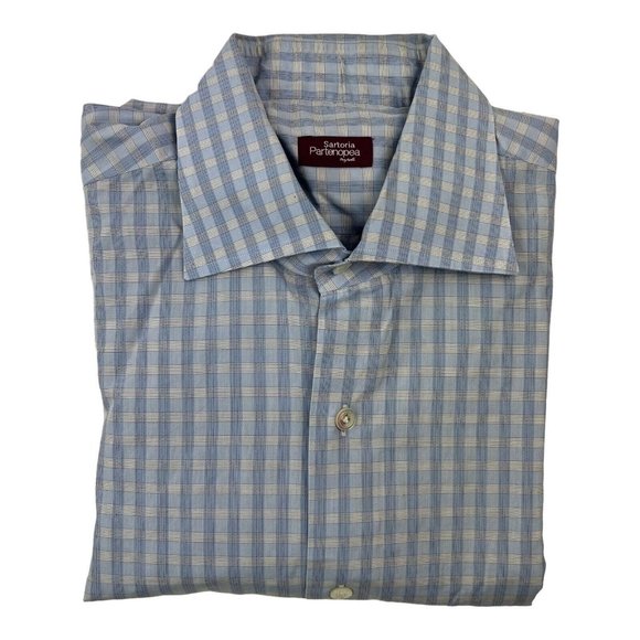 Sartoria Partenopea Napoli Blue & White Check Long Sleeve Button Up Mens Size L - Picture 1 of 7